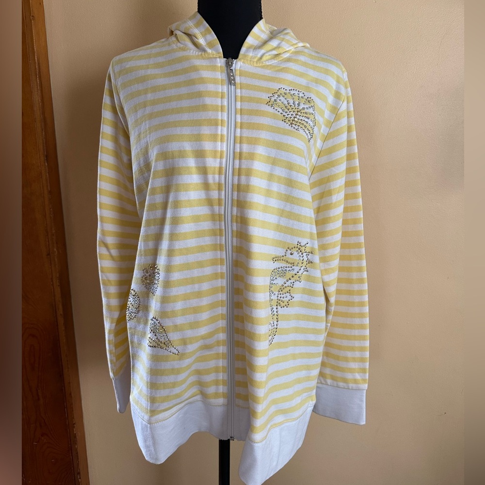 Quacker Factory Size L Full Zip Striped Hoodie Beachy Seashore Jeweled Jacket
